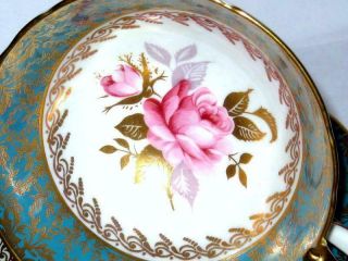 AYNSLEY Tea Cup and Saucer Floating Pink Rose Turquoise Gold Bone China Teacup 2