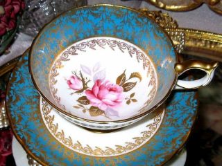 AYNSLEY Tea Cup and Saucer Floating Pink Rose Turquoise Gold Bone China Teacup 3