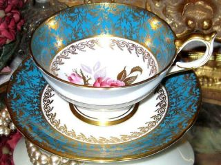 AYNSLEY Tea Cup and Saucer Floating Pink Rose Turquoise Gold Bone China Teacup 4