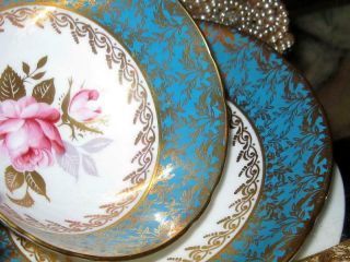 AYNSLEY Tea Cup and Saucer Floating Pink Rose Turquoise Gold Bone China Teacup 5