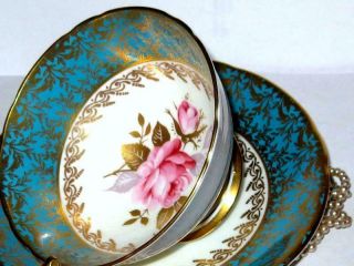 AYNSLEY Tea Cup and Saucer Floating Pink Rose Turquoise Gold Bone China Teacup 7