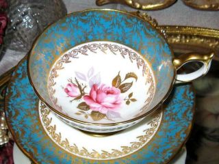 AYNSLEY Tea Cup and Saucer Floating Pink Rose Turquoise Gold Bone China Teacup 8