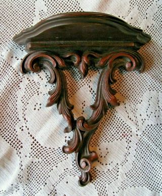 Vintage Wooden Wood Wall Shelf Sconce Plate Slot Dark Stained Carved Stunning