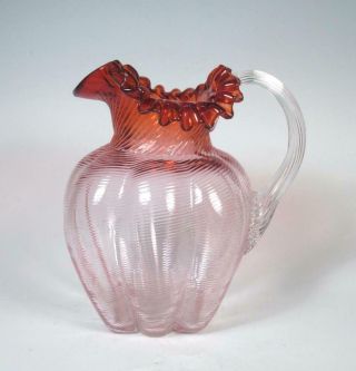 Victorian Art Glass Rubina Antique Swirl Cranberry Reeded Pitcher C 1890 Hobbs