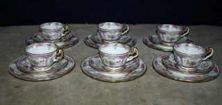 Rare Set 6 Adderley Pink Lowestoft Trios – Teacups & Saucers & Plates Demitasse