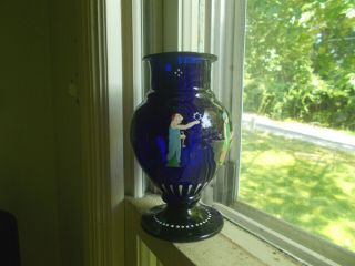 1850s Rare Pontiled Cobalt Blue Hand Blown Glass Vase Hand Painted Greek Figures