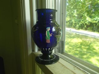 1850s RARE PONTILED COBALT BLUE HAND BLOWN GLASS VASE HAND PAINTED GREEK FIGURES 2