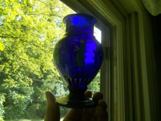 1850s RARE PONTILED COBALT BLUE HAND BLOWN GLASS VASE HAND PAINTED GREEK FIGURES 7