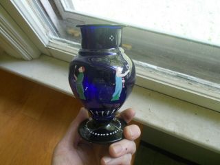 1850s RARE PONTILED COBALT BLUE HAND BLOWN GLASS VASE HAND PAINTED GREEK FIGURES 8