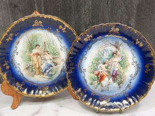 2 Hand Painted Victorian Flow Blue Gold Porcelain Cabinets Plates Swans Maidens