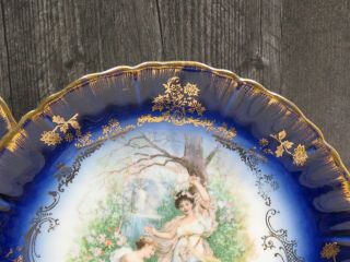 2 Hand Painted Victorian Flow Blue Gold Porcelain Cabinets Plates Swans Maidens 3