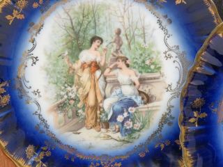 2 Hand Painted Victorian Flow Blue Gold Porcelain Cabinets Plates Swans Maidens 4