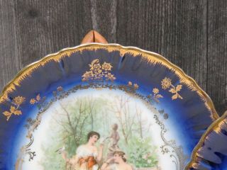 2 Hand Painted Victorian Flow Blue Gold Porcelain Cabinets Plates Swans Maidens 5
