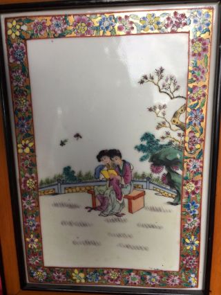 Fine Old Chinese Antique Hand Painted Porcelain Wall Plaque 2 Girls Reading Rare 5