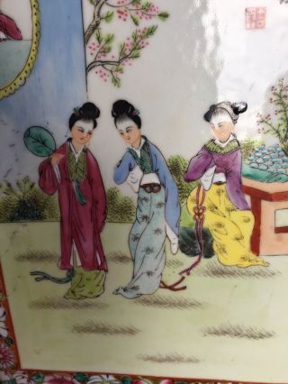 Old Chinese Antique Hand Painted Porcelain Wall Plaque Famille Girls SIGNED RARE 3