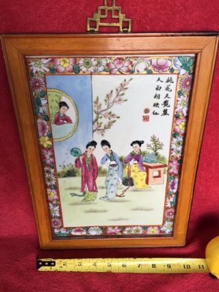 Old Chinese Antique Hand Painted Porcelain Wall Plaque Famille Girls SIGNED RARE 6