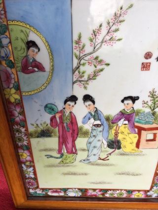 Old Chinese Antique Hand Painted Porcelain Wall Plaque Famille Girls SIGNED RARE 7