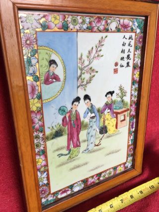 Old Chinese Antique Hand Painted Porcelain Wall Plaque Famille Girls SIGNED RARE 8