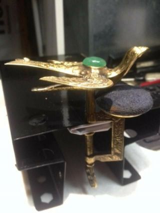 Auth.  Victorian Brass Sewing Bird Clamp 1853 Pincushion With Jade Inlay
