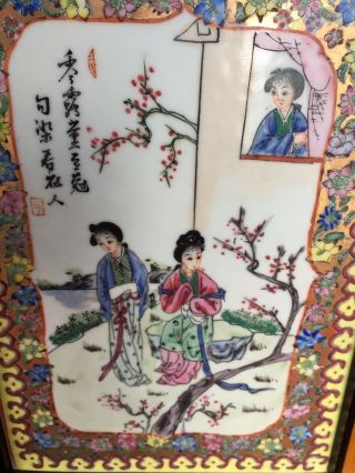 Fine Old Chinese Antique Hand Painted Porcelain Wall Plaque Famille Girls SIGNED 6