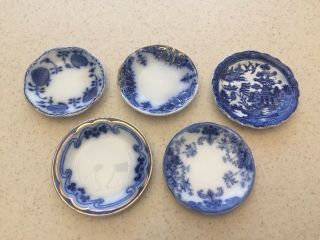 5 Vintage Flow Blue & White Porcelain Butter Pats Maddock Grindley Johson Bros.