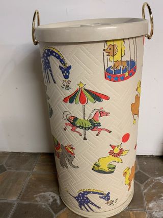 Rare Vintage Pearl Wick Gay Time Circus Theme Laundry Hamper 23 " H 11 " W Round