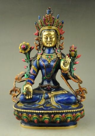 China Hand - Carved Cloisonne Buddhist Statue Of Buddha Green Tara F01