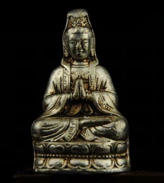 Chinese Old Hand Carved Copper Plating Silver Guanyin Kwan - Yin Statue A01