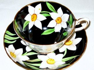 Tuscan White Daffodil Floral Chintz On Black Tea Cup And Saucer Hand Painted