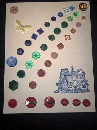 Antique Buttons - All Glass Buttons,  Carded,  37 Buttons,  Glass Rainbow Of Colors