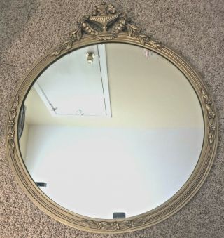 Vintage Antique Round Gold Wall Mirror,  Large Fleur De Lis Accent