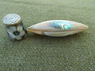 Antique Mother Of Pearl Abalone Tatting Shuttle & Vintage Thimble