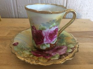 Vintage Hand Painted Cabbage Rose Nippon Chocolate Cup Saucer Set Maple Leaf