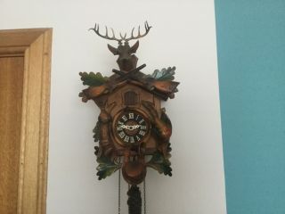 Vintage German Germany Cuckoo Clock Hunting Stag Game Rabbit Birds Rifles W35623