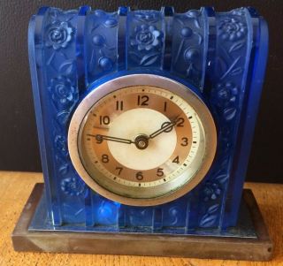 Rare Art Deco 1920s Heinrich Hoffman Blue Glass Mantle Clock