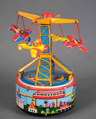 Vintage Tin Litho Wind Up Toy Aeroplane Ride Carnival Merry Go Round Japan Yone