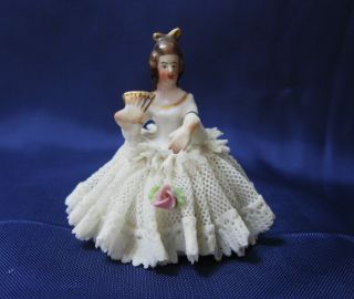 .  Vintage German Dresden Miniature Lace Lady Porcelain Figurelll.  Two Inches.