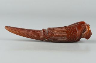 Chinese Exquisite Hand - carved bird Carving OX Horn statue 3