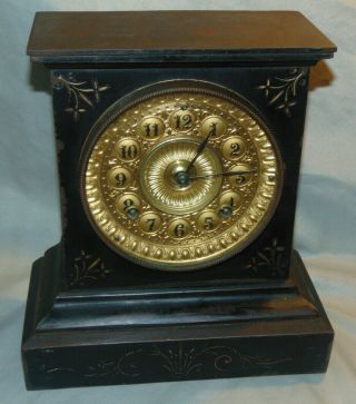 Antique Ansonia Victorian Black Iron Case Mantel Clock 1880 