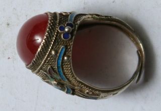 Antique CHINESE Cloisonne CARNELIAN SILVER RING hallmarked circa 1920 2