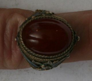 Antique CHINESE Cloisonne CARNELIAN SILVER RING hallmarked circa 1920 3