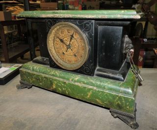 Antique Wood And Metal Green And Black Mantle Shelf Clock (vce)