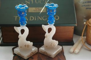 Scarce Pair Glass Mma Koi Dolphin Fish 2 - Tone Blue & Clambroth Candlesticks