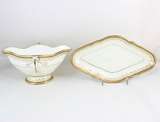 Gravy Boat & Plate Set Antique Minton China G5485 Raised Gold Encrusted Cream