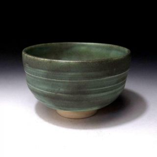 TB7: Vintage Japanese Pottery Tea bowl,  Kutani ware with Signed box,  Green glaze 5