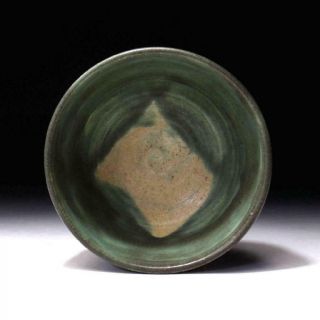 TB7: Vintage Japanese Pottery Tea bowl,  Kutani ware with Signed box,  Green glaze 6
