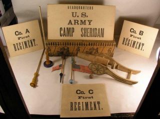 Antique Wooden Boxed Lithographed Soldiers U.  S.  Army Camp Sheridan & Cannon Flags