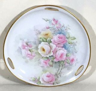Hand Painted Victorian Plate Pink Yellow Roses Antique Signed Porcelain China