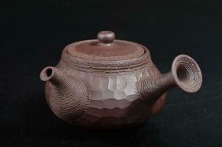 S9860: Japanese Banko - Ware Brown Pottery Finish Hammer Sculpture Teapot Sencha