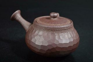 S9860: Japanese Banko - ware Brown pottery Finish hammer sculpture TEAPOT Sencha 5